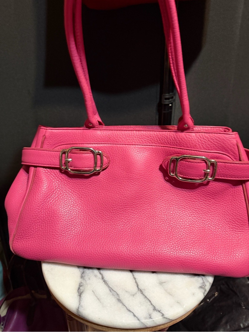 Cole Haan Vibrant Pink Pebbled Leather Shoulder Bag with Buckle Detail